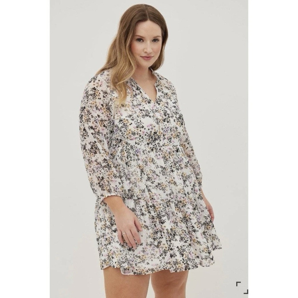 Torrid‎ Colorful Floral White Chiffon 3/4 Sleeve Flare Dress Size 3X Pockets